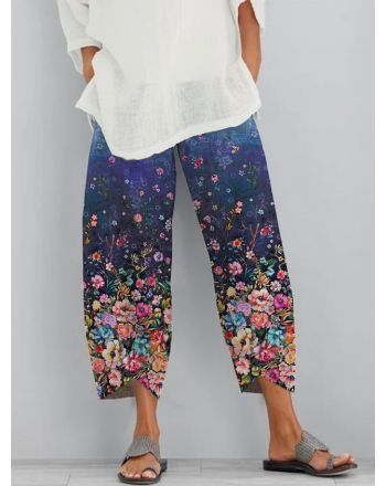 Floral  Shift  Printed  Polyester Vintage  Summer  Blue Pants