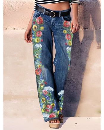 Pocket Stitching Loose Floral West Style Jeans