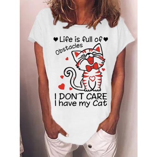 Women's Life Is Full Of Obatacles I Don‘T Care I Have My Cat Funny Graphic Printing Cat Crew Neck Casual Cotton T-Shirt