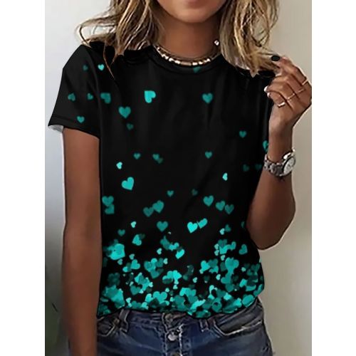 Women’s Valentine’s Day Heart Pattern Crew Neck Casual T-Shirt