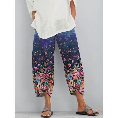 Floral  Shift  Printed  Polyester Vintage  Summer  Blue Pants