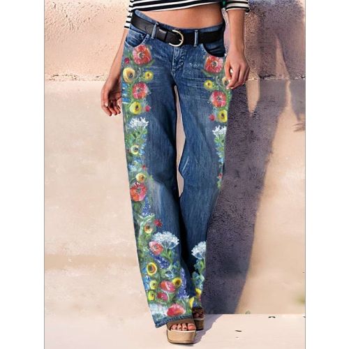 Pocket Stitching Loose Floral West Style Jeans