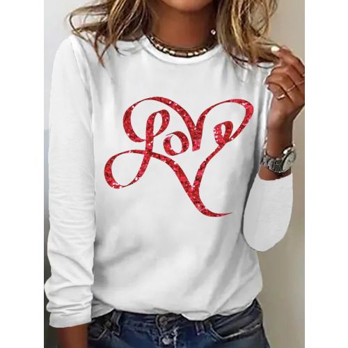 Women's Love Valentine's Day Funny Graphic Printing  Cotton-Blend Crew Neck Casual Regular Fit Top